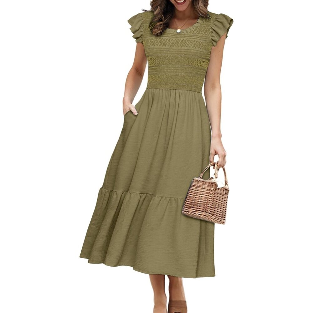 Womens Boho Maxi Dress Summer Casual Flutter Sleeve Pockets Fit To Size
